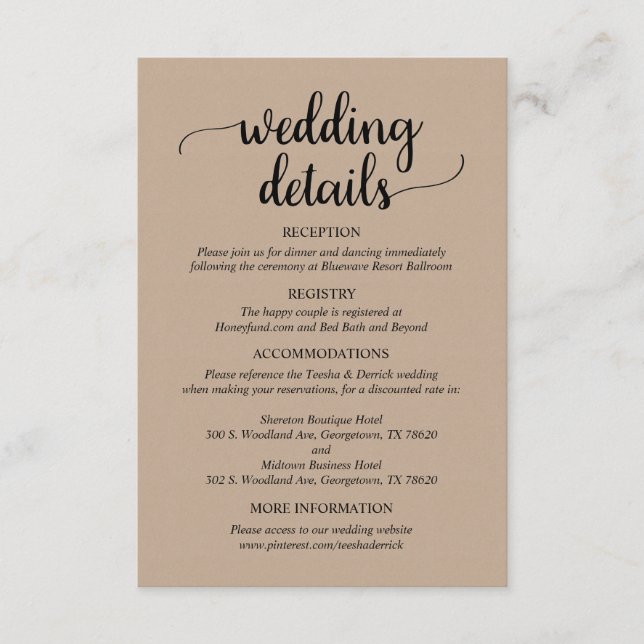 Carte D'accompagnement Nos détails Mariages, Rustic Light Brown Kraft (Devant)