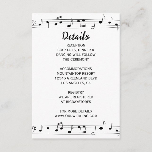 Carte D'accompagnement Notes musicales Mariage Monogramme noir et blanc (Devant)