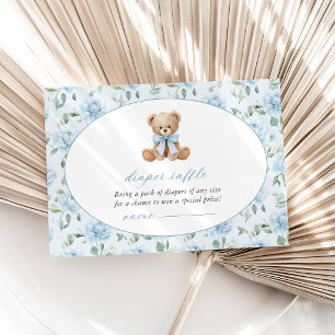 Carte D'accompagnement Nounours en peluche, noeud bleu, fleurs bleues, to