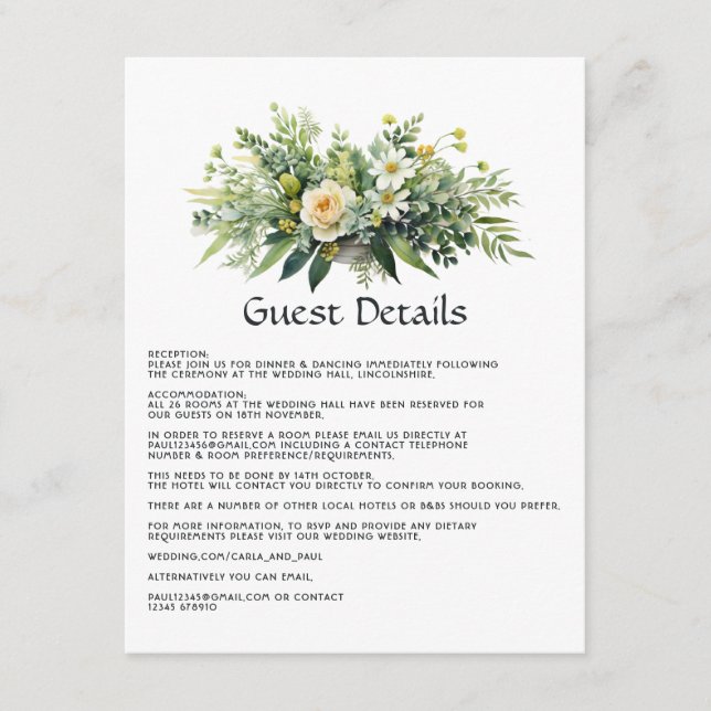 Carte D'accompagnement Nuances de Vert Floral Mariage Détails de l'invité (Devant)