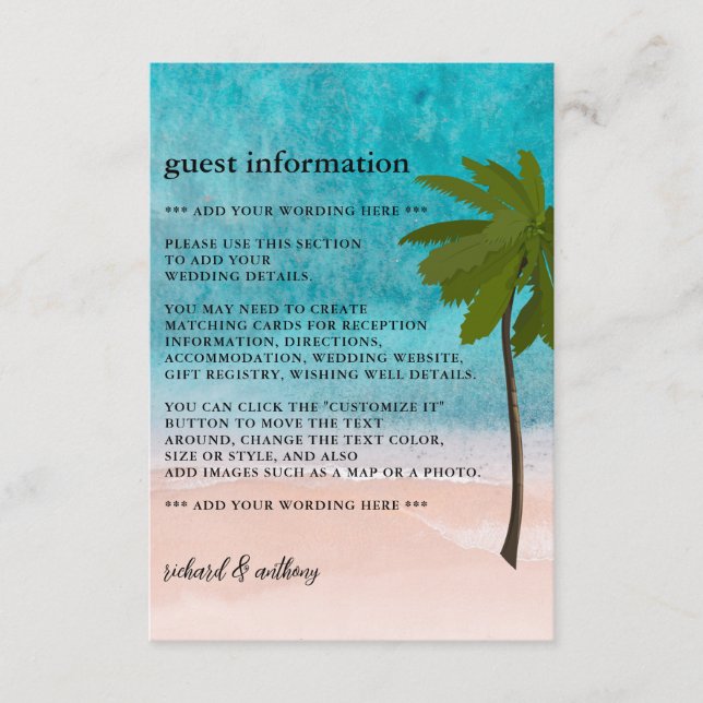 Carte D'accompagnement Ocean Beach Palm Tree Mariage Détails (Devant)