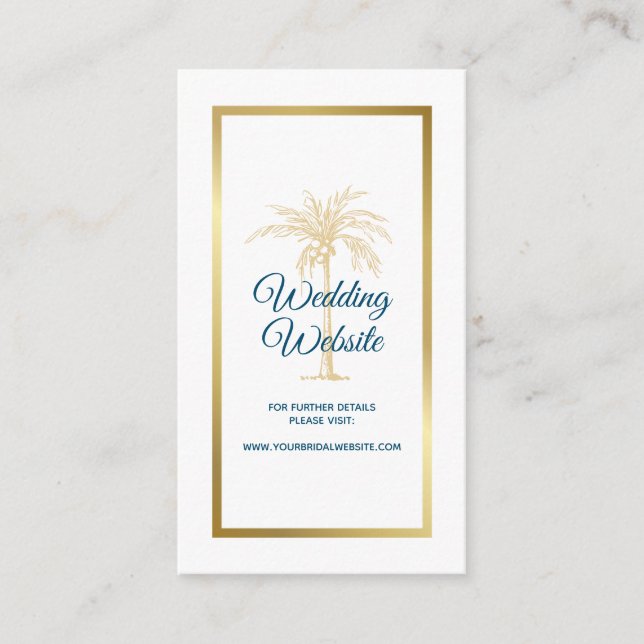Carte D'accompagnement Ocean Blue Gold Palm Tree Beach Wedding Website (Devant)