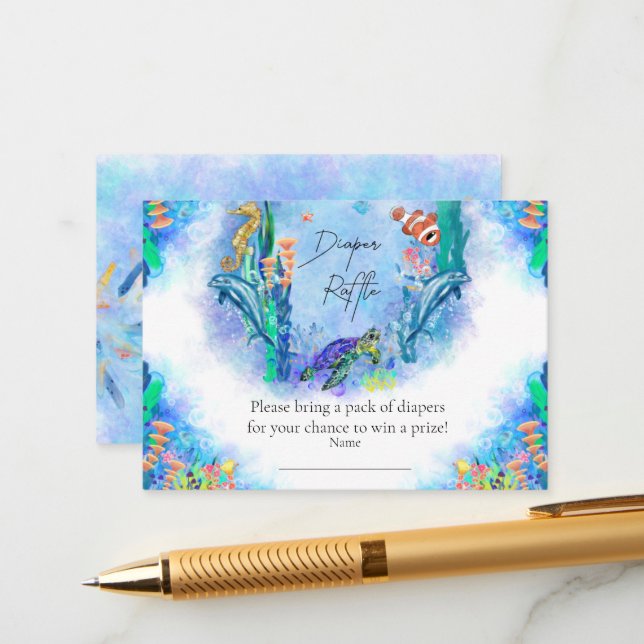 Carte D'accompagnement Ocean Sea Animals Baby Diaper Raffle (Devant/Arrière en situation)
