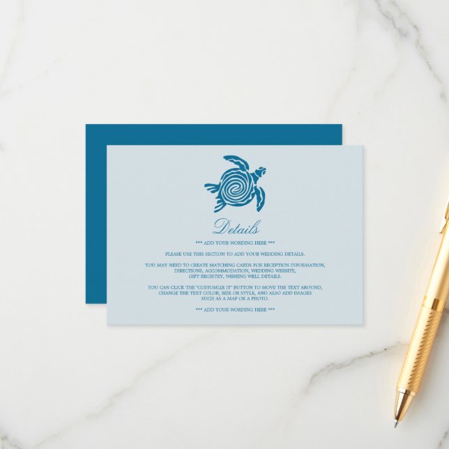 Carte D'accompagnement Ocean Sea Turtle, Sea Blue Beach Mariage Détail (Devant/Arrière en situation)