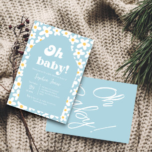 Carte D'accompagnement Oh Baby shower   Blue Retro Daisy les années 70 in