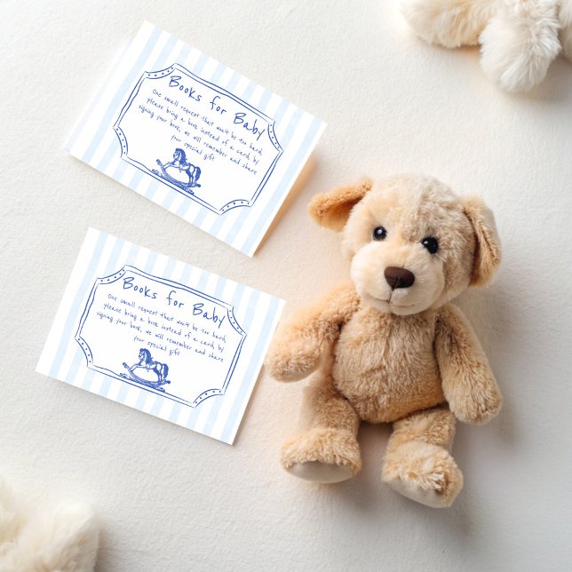 Carte D'accompagnement Oh bébé bleu rocking cheval sketch demande de carn (Oh baby blue rocking horse handrawn sketch vintage western baby shower book request enclosure card)