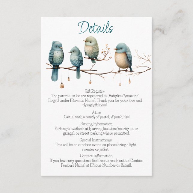 Carte D'accompagnement Oiseaux de Whimsical sur Branches Baby shower Past (Devant)