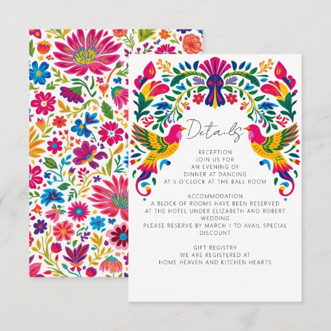 Carte D'accompagnement Oiseaux mexicains Otomi Vibrant Floral Fiesta Mari (Devant / Derrière)