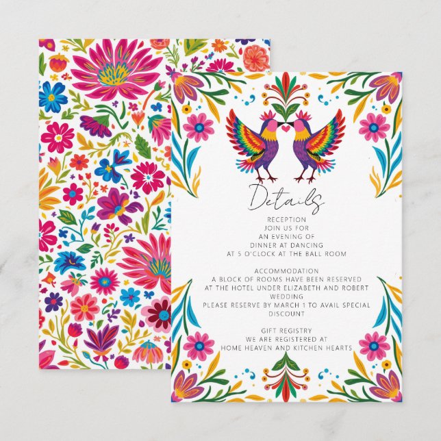 Carte D'accompagnement Oiseaux mexicains Otomi Vibrant Floral Fiesta Mari (Devant / Derrière)