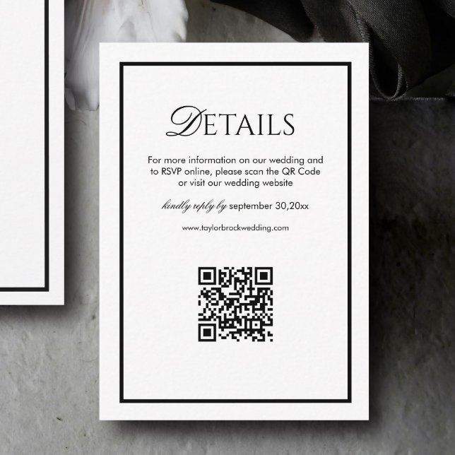 Carte D'accompagnement Old Money Black and White Wedding Details Qr Code (Créateur téléchargé)