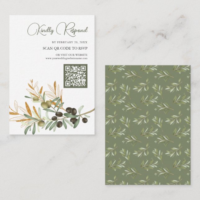 Carte D'accompagnement Olive Feuille Gold Branch QR Code RSVP Mariage (Devant / Derrière)