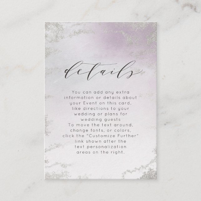 Carte D'accompagnement Ombre Violet Clair Argenté Feuille Mariage Détails (Devant)