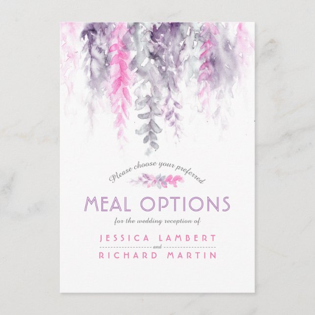 Carte D'accompagnement Options de repas en cascade de fleurs rose violet  (Devant)