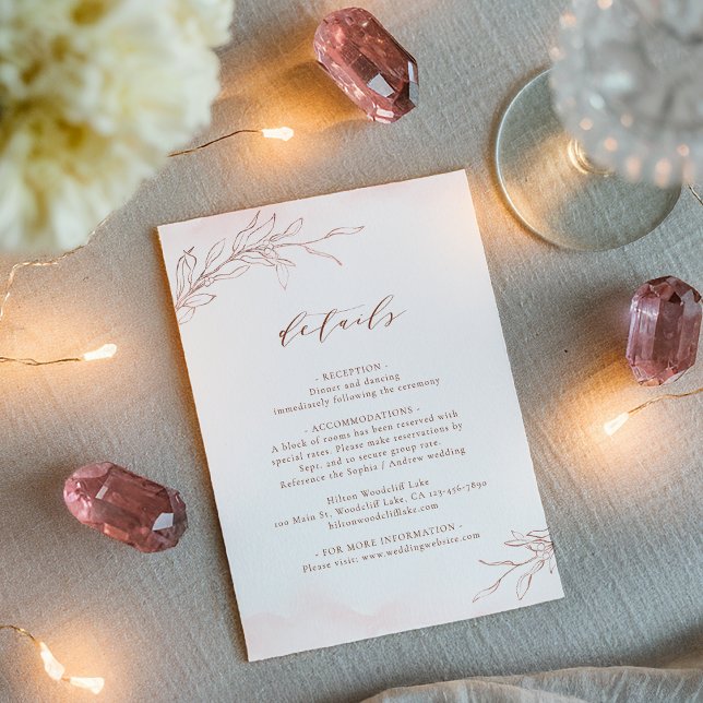 Carte D'accompagnement or rose sobre élégante botanique détails mariage (Rose gold simple elegant botanical wedding details enclosure card)