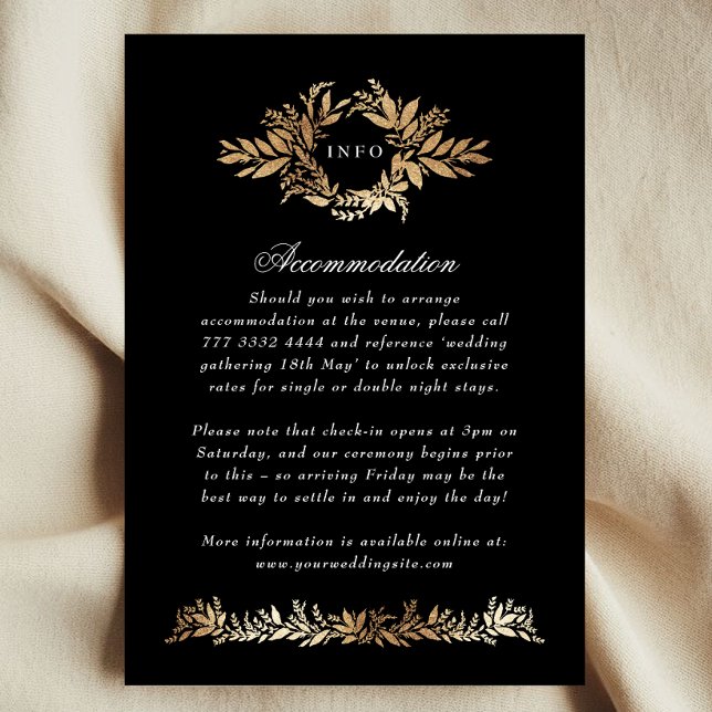 Carte D'accompagnement or sur couronne botanique noire mariage informatio (Créateur téléchargé)