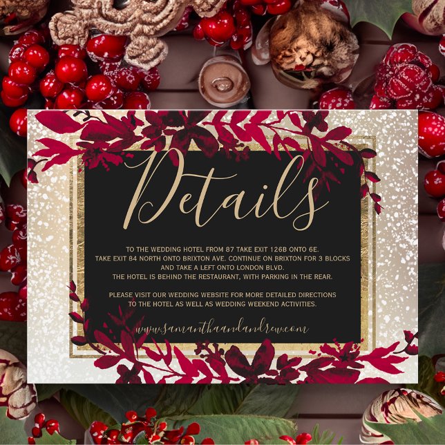 Carte D'accompagnement or typographie feuille neige rouge détails hiver (gold typography leaf red snow winter details enclosure card)