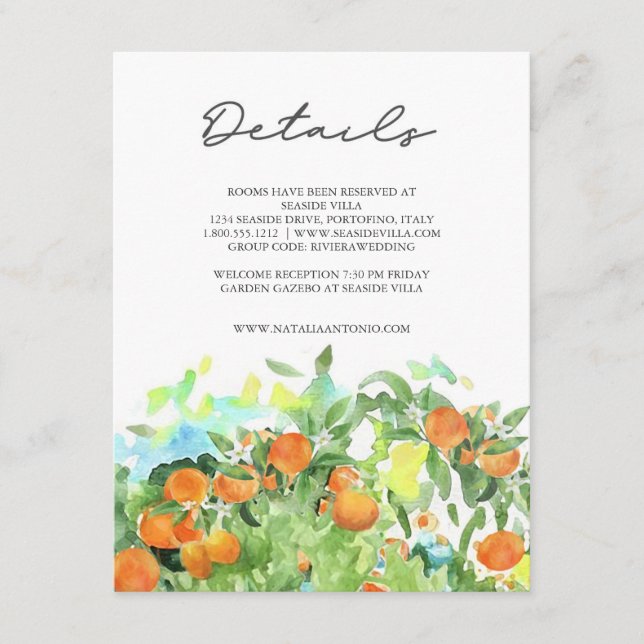 Carte D'accompagnement Orange Citrus Blossom Aquarelle Détails du Mariage (Devant)