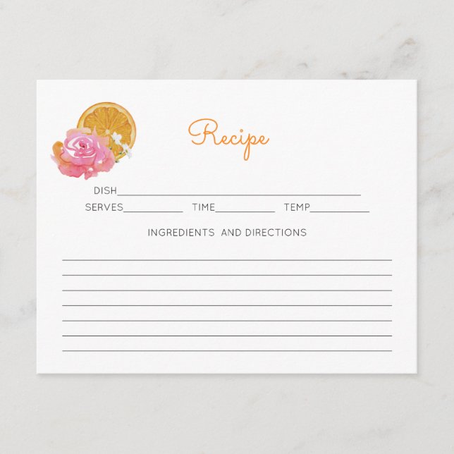 Carte D'accompagnement Orange Citrus thème rose Floral Recette (Devant)