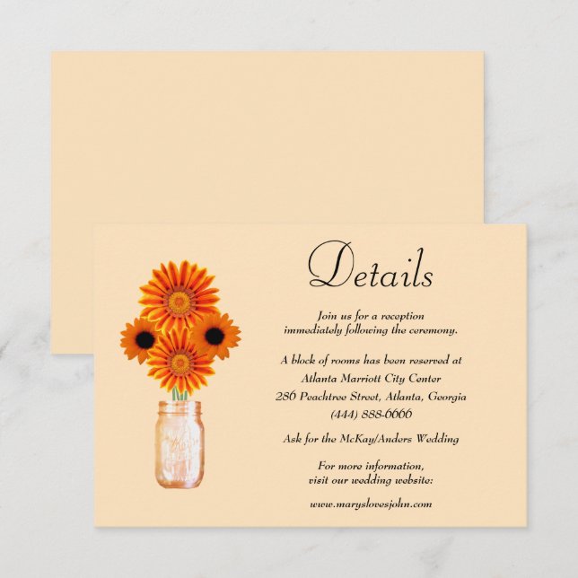 Carte D'accompagnement Orange Flowers Mason Jar Détails du Mariage (Devant / Derrière)