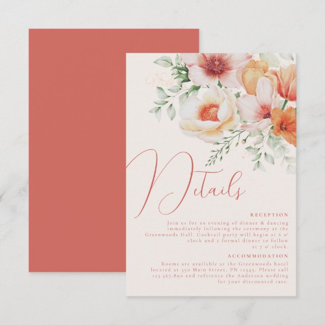 Carte D'accompagnement Orange Peach Spring Été Floral Détails du Mariage (Devant / Derrière)