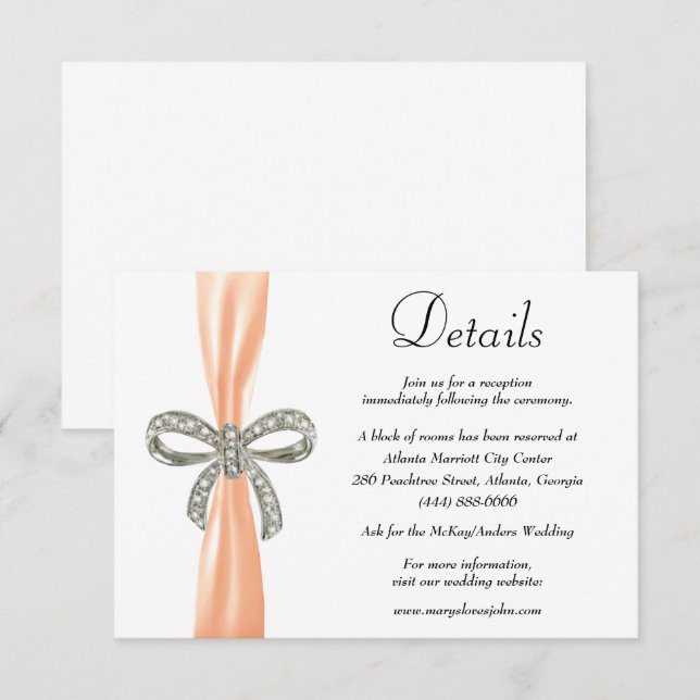 Carte D'accompagnement Orange Ribbon Diamond Bow Détails du Mariage (Devant / Derrière)