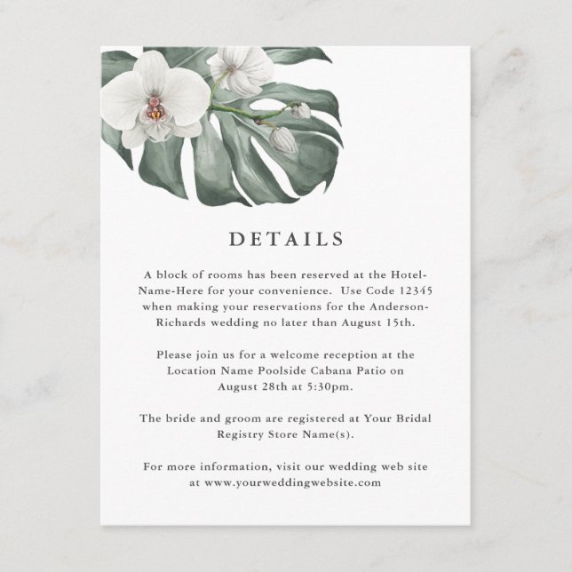 Carte D'accompagnement Orchidées blanches sur Monstera Mariage tropical D (Devant)