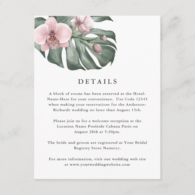 Carte D'accompagnement Orchidées roses sur Monstera Mariage tropical Déta (Devant)
