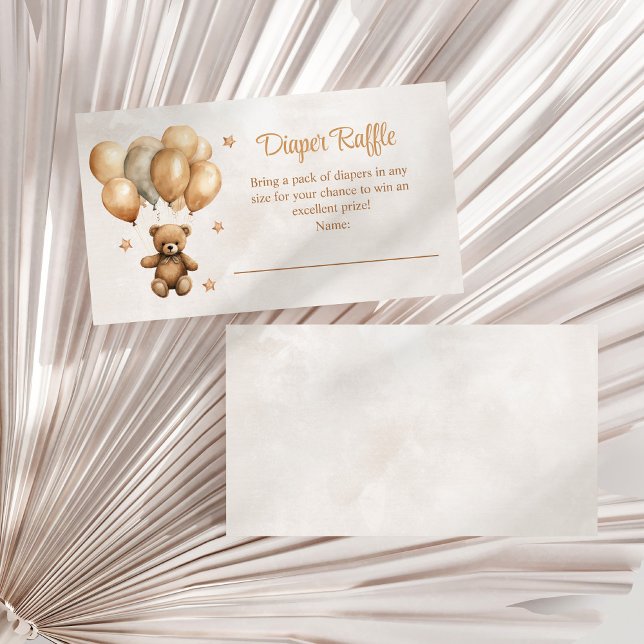 Carte D'accompagnement Ours en peluche boho avec ballons Tirage au sort d (Boho Teddy Bear with Balloons Diaper Raffle Enclosure Card on a white dry palm leaf.)