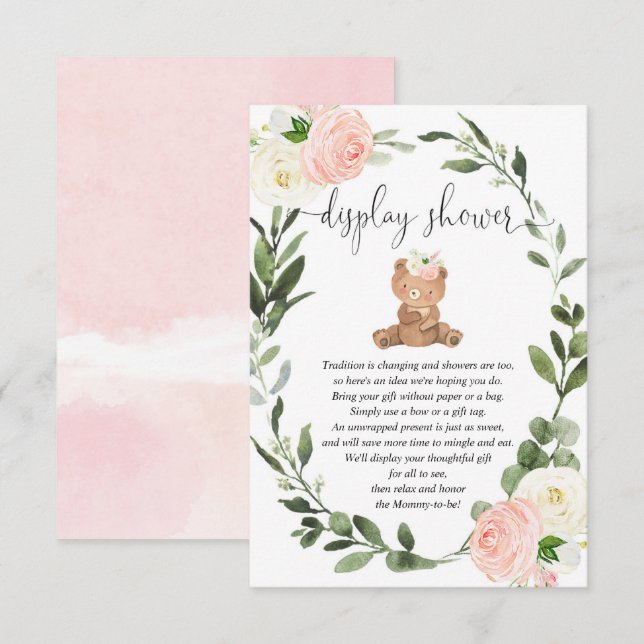 Carte D'accompagnement Ours en peluche verdure affiche florale rose douch (Devant / Derrière)