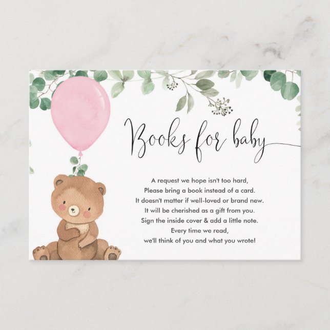 Carte D'accompagnement Ours en peluche verdure ballons roses livres bébé  (Devant)