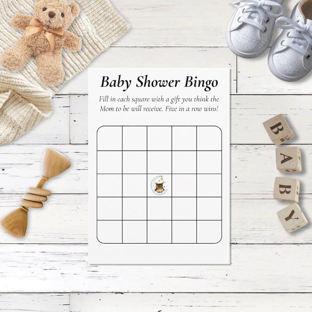 Carte D'accompagnement Owl Moon Blue Cute Stars Baby shower Bingo (Créateur téléchargé)