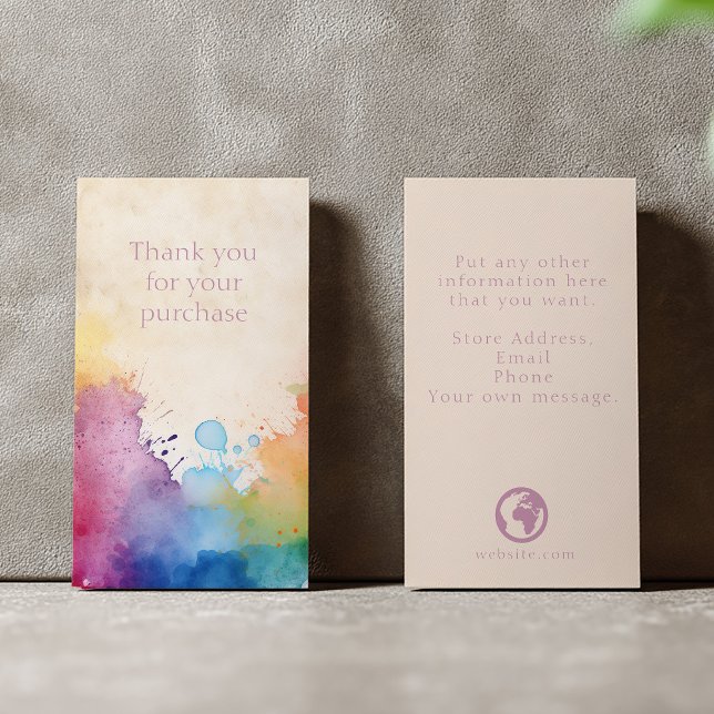 Carte D'accompagnement Paint splashes merci pour votre achat (Paint splashes insert card saying "Thank you for your purchase' and details on the back.)