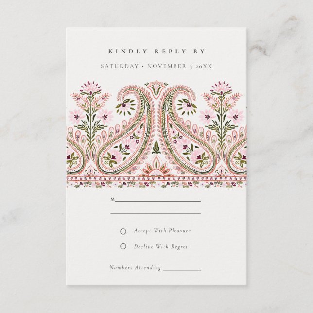 Carte D'accompagnement Paisley Rose Vert Floral Mariage Motif RSVP (Devant)