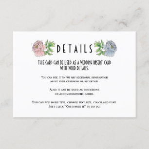 Carte D'accompagnement Pale rose bleu pale pivoines Détails du mariage in