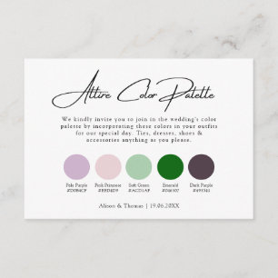 Carte D'accompagnement Palette couleur Emerald Green violet Mariage Attir