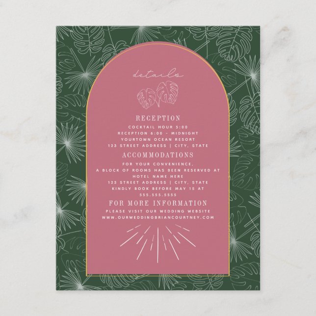 Carte D'accompagnement Palm Feuille Pink Green Arch Détails du Mariage (Devant)