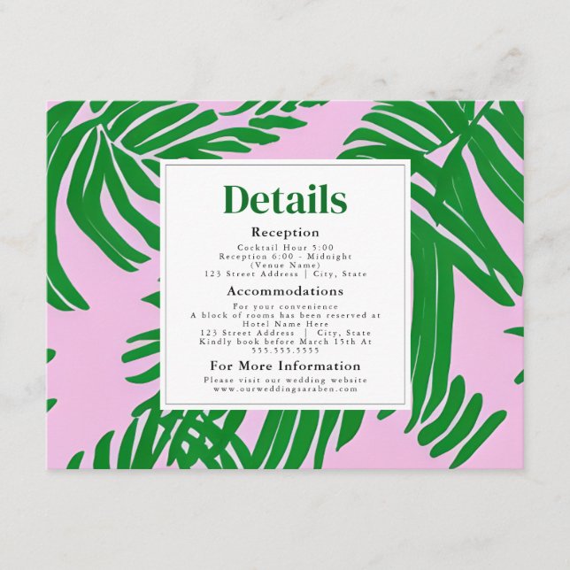 Carte D'accompagnement Palmier rose et vert Mariage de plage moderne (Devant)