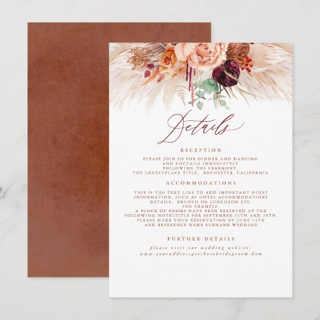Carte D'accompagnement Pampas Grass Terracotta Détails Mariage Boîtier (Devant / Derrière)