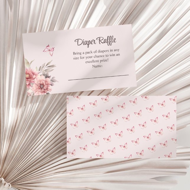 Carte D'accompagnement Papillon et Baby shower de fleurs Déchets (Butterfly and Flower Baby Shower Diaper Raffle Enclosure Card on a white dry palm leaf.)