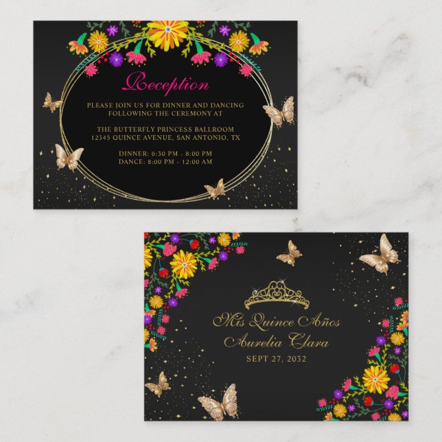 Carte D'accompagnement Papillon Floral Noir Mexicain Quinceañera (Devant / Derrière)