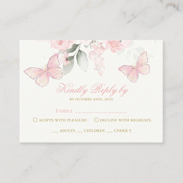 Carte D'accompagnement Papillon rose RSVP Quinceanera (Devant)