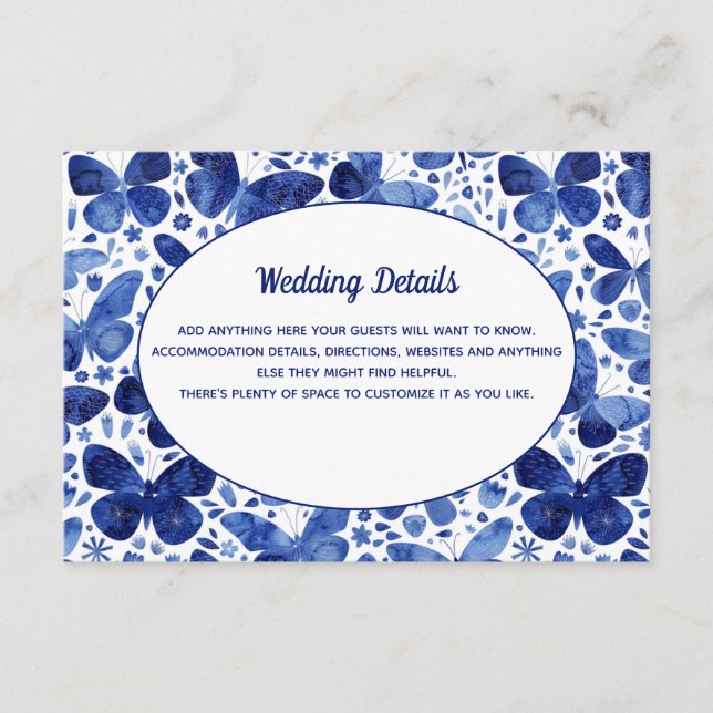 Carte D'accompagnement Papillons Aquarelle Bleu Mariage Détails (Devant)