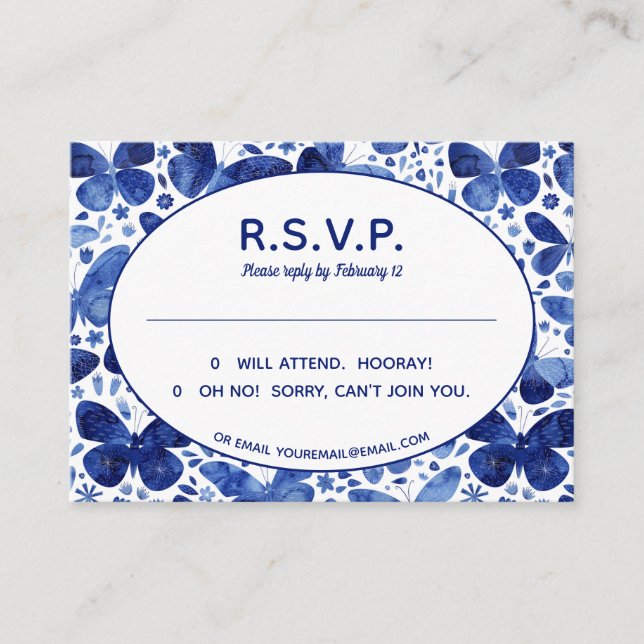 Carte D'accompagnement Papillons Aquarelle Indigo Blue R.S.V.P. (Devant)