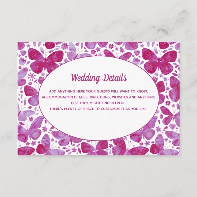 Carte D'accompagnement Papillons Aquarelle MagentaPink Détails du Mariage (Devant)