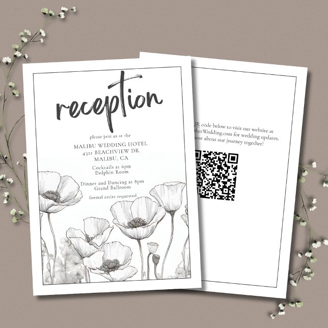 Carte D'accompagnement Papillons blancs Elégante Réception de mariage flo (Elegant Wedding Reception Enclosure Card with White on White California Poppies and QR Code.)