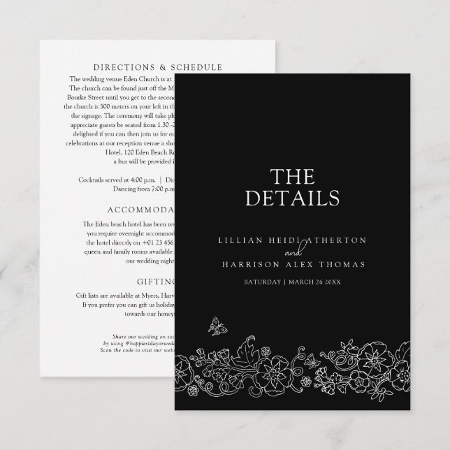 Carte D'accompagnement Papillons en fleurs blanches noires Détails du mar (Devant / Derrière)