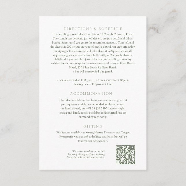 Carte D'accompagnement Papillons en fleurs vertes Sage détails du mariage (Dos)