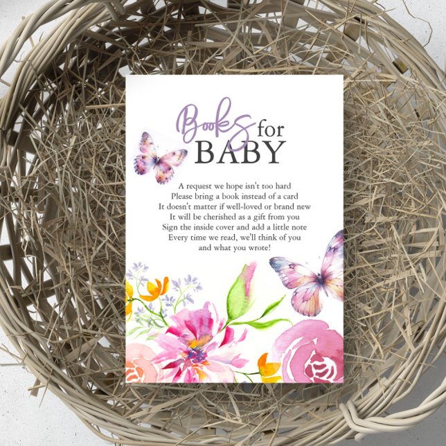Carte D'accompagnement Papillons et berceuses Livres pour bébé (baby shower invitation insert books for baby purple butterfly floral theme art Victoria Grigaliunas)
