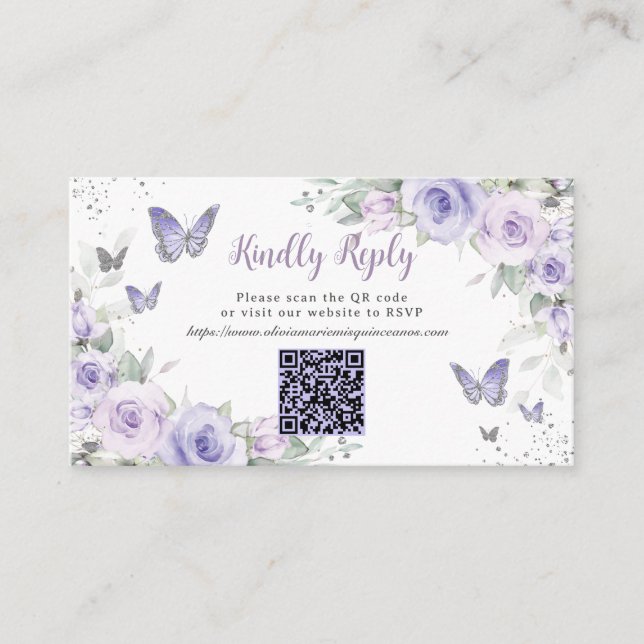 Carte D'accompagnement Papillons floraux pourpres Quinceañera QR Code RSV (Devant)