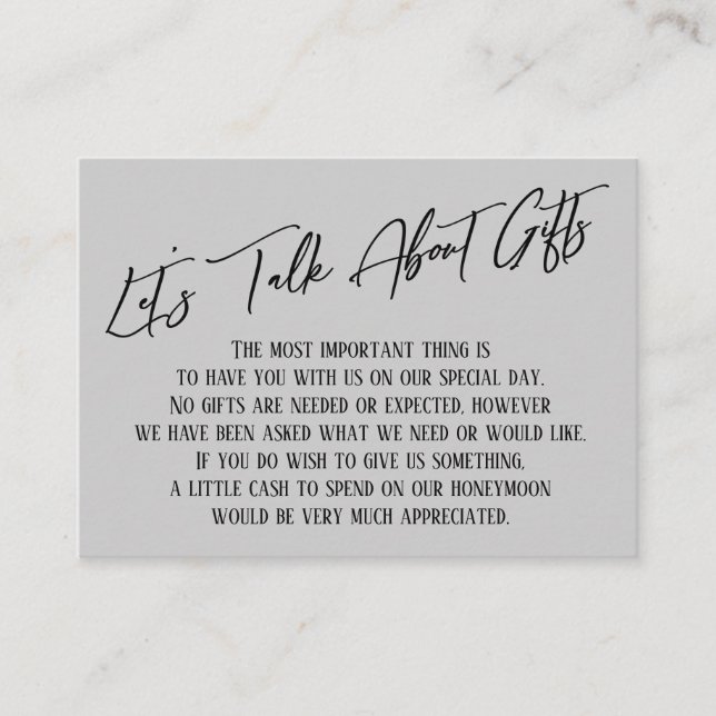 Carte D'accompagnement Parlons de cadeaux écriture manuscrite gris clair (Devant)